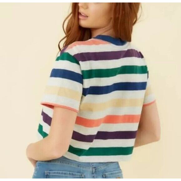 Guess Originals 1981 Gray Multi-Color Stripe Short Sleeve Crop Guess Logo SP - Picture 2 of 9